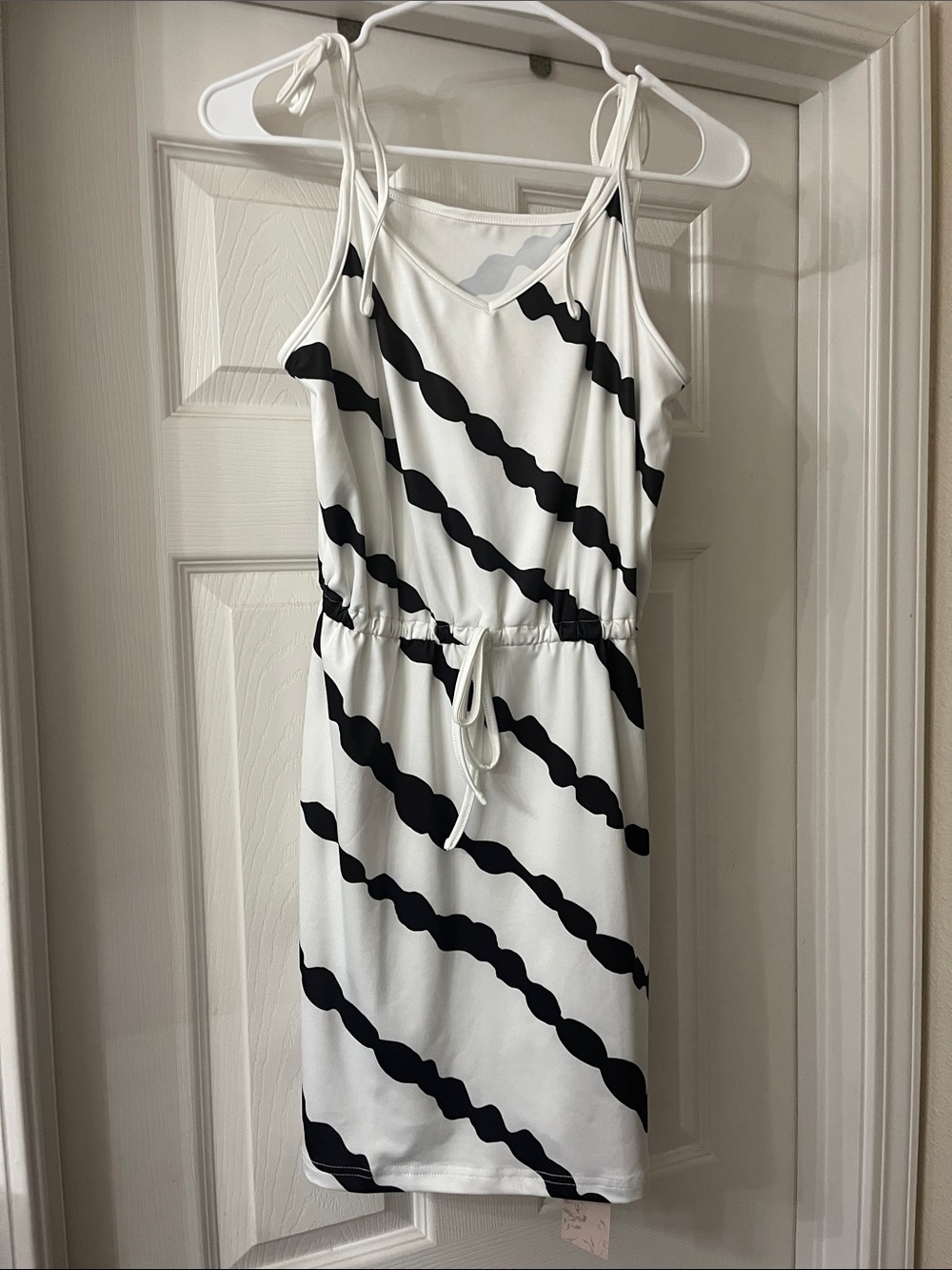 White and Black Striped Tie-Waist Mini Sundress